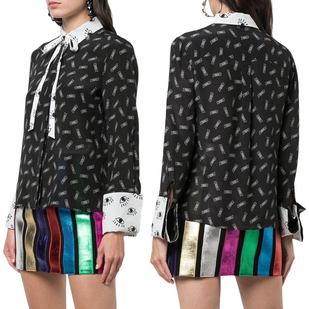 ALICE + OLIVIA WILLA FEMINIST EYES SILK BOW TUXEDO CUFF BUTTON DOWN PLACKET TOP